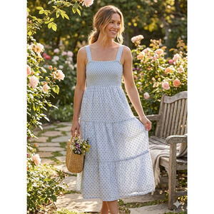 Linda Anderson Blue Striped Smocked Tiered Midi Dress Cottagecore Size Large